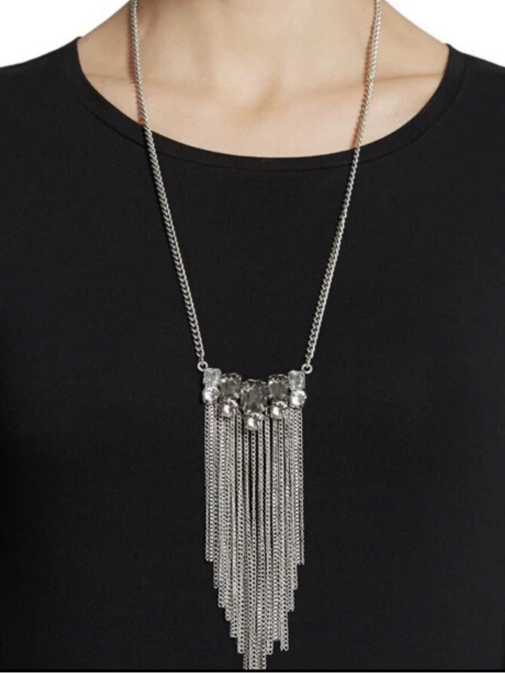 Chico's $49 NWT LONG length Silver Fringe Statement Necklace